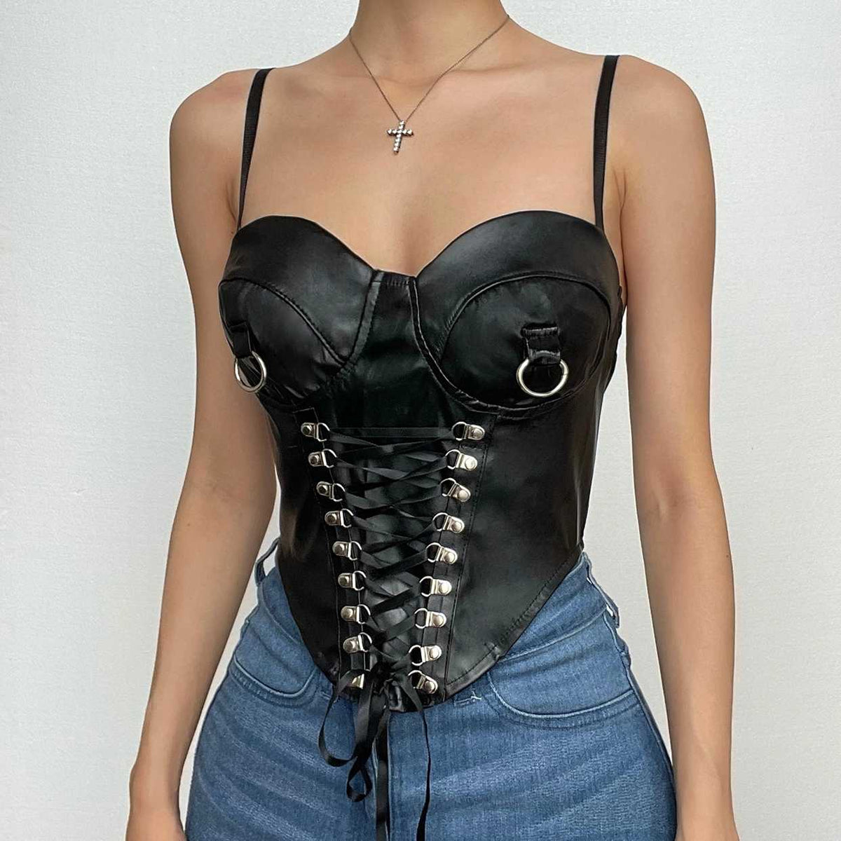 Sweetheart-Neck Faux-Leather Strappy Cami Top with a Front Zip