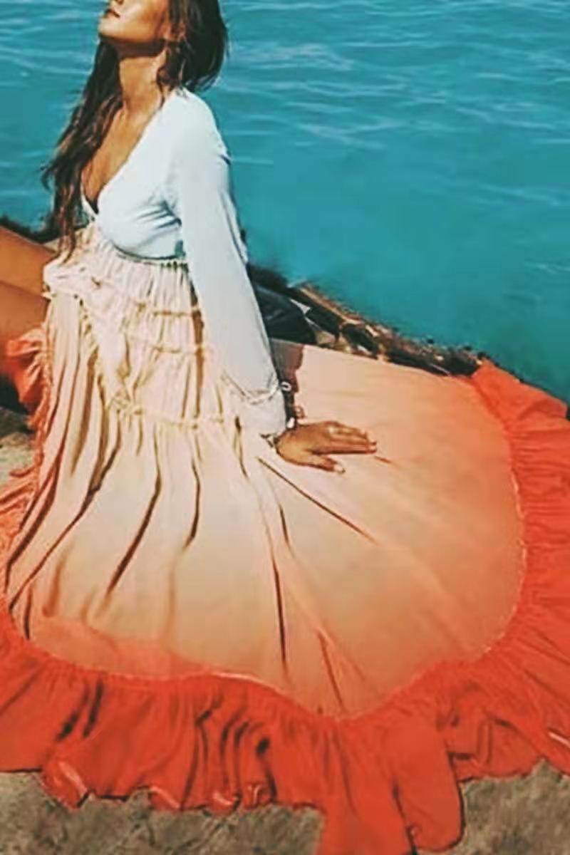 Ombré Long-Sleeve Dress with a V-Neck