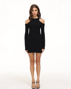 Halterneck Long-Sleeve Mini Dress with Cutout Details
