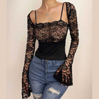 Square-Neck Lace Strappy Two-Piece Set