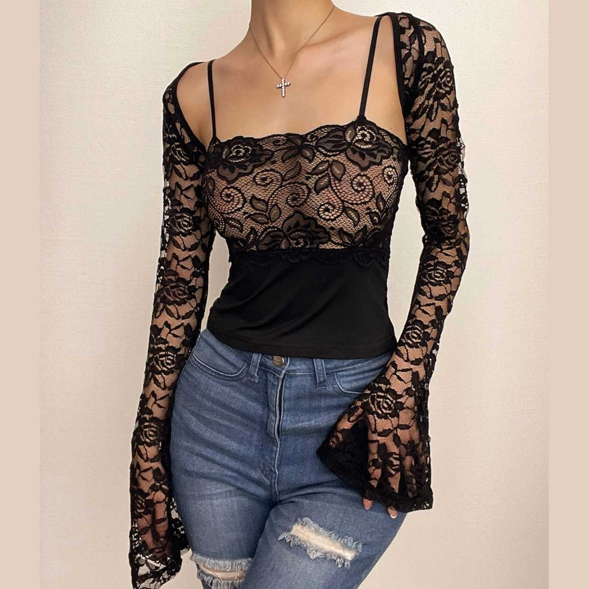 Square-Neck Lace Strappy Two-Piece Set
