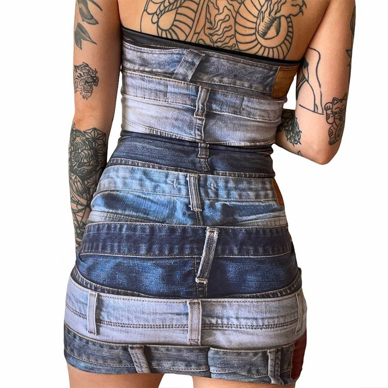 Denim Strappy Printed Dress