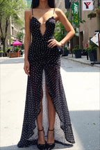 Polka-Dot Lace Strappy Maxi Dress with Ruched Details