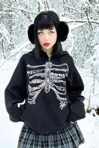 Skeleton-Print Zip-Detail Streetwear Hoodie