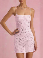 Bodycon Double-Layer Mesh Dress with Rhinestone Accents