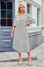 Striped Contrast-Detail Midi Dress with Pockets