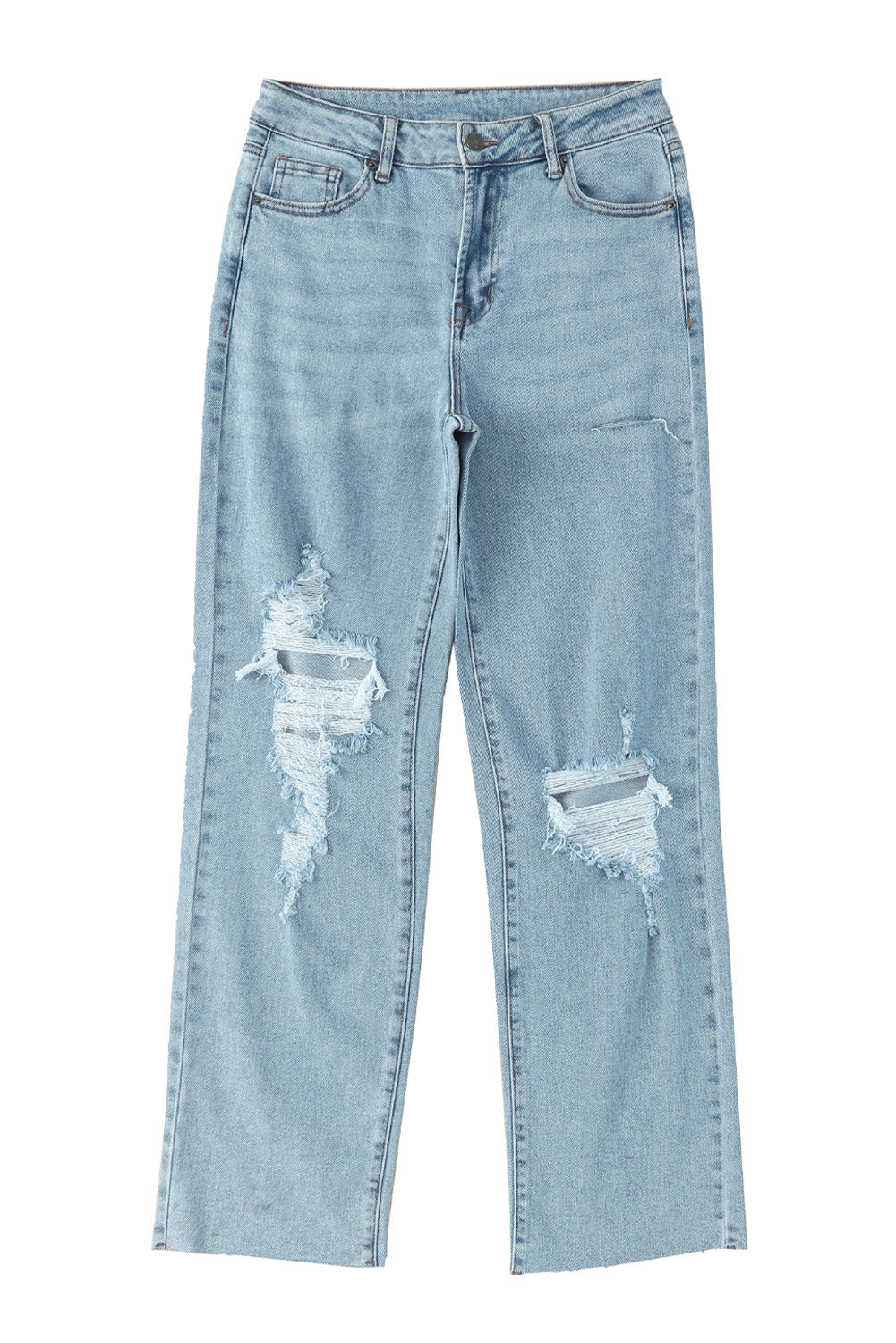 Blue Straight-Leg Relaxed-Fit Distressed Jeans with Raw-Edge Detail