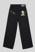 Black Wide-Leg Skeleton-Embroidered Jeans