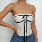 Strapless Open-Back Contrast-Detail Top with Button Details