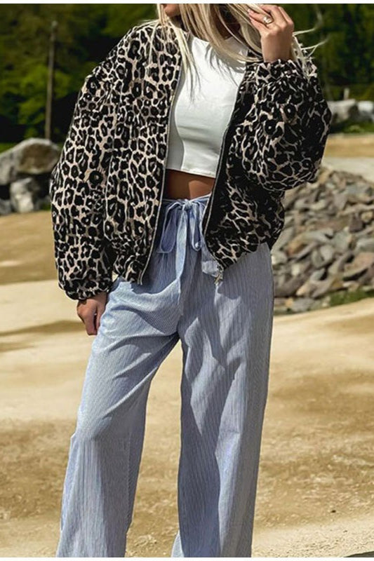 Animal-Print Zip-Front Lapel-Collar Coat