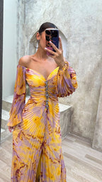 V-Neck Pleated Back-Zip Dress