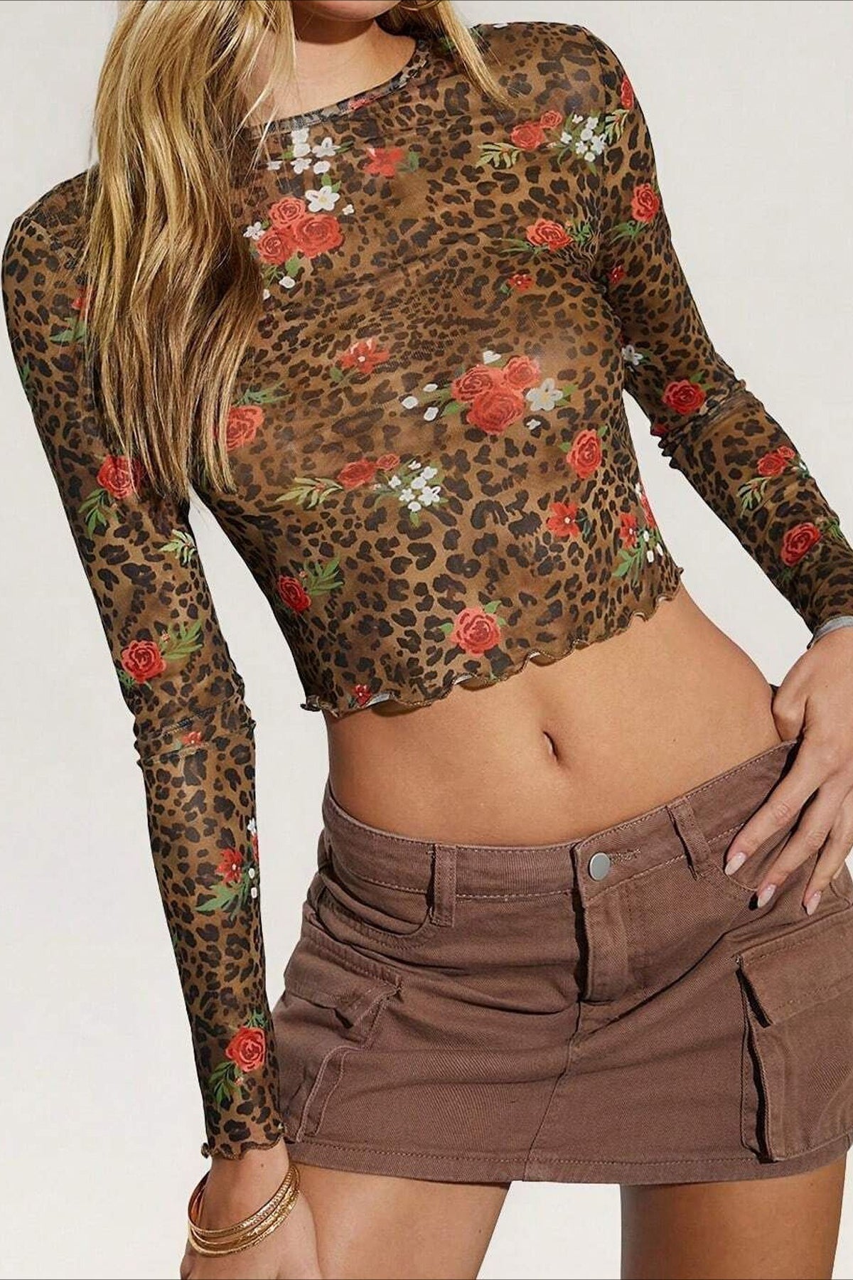 Leopard-Print Cropped Mesh Crop Top