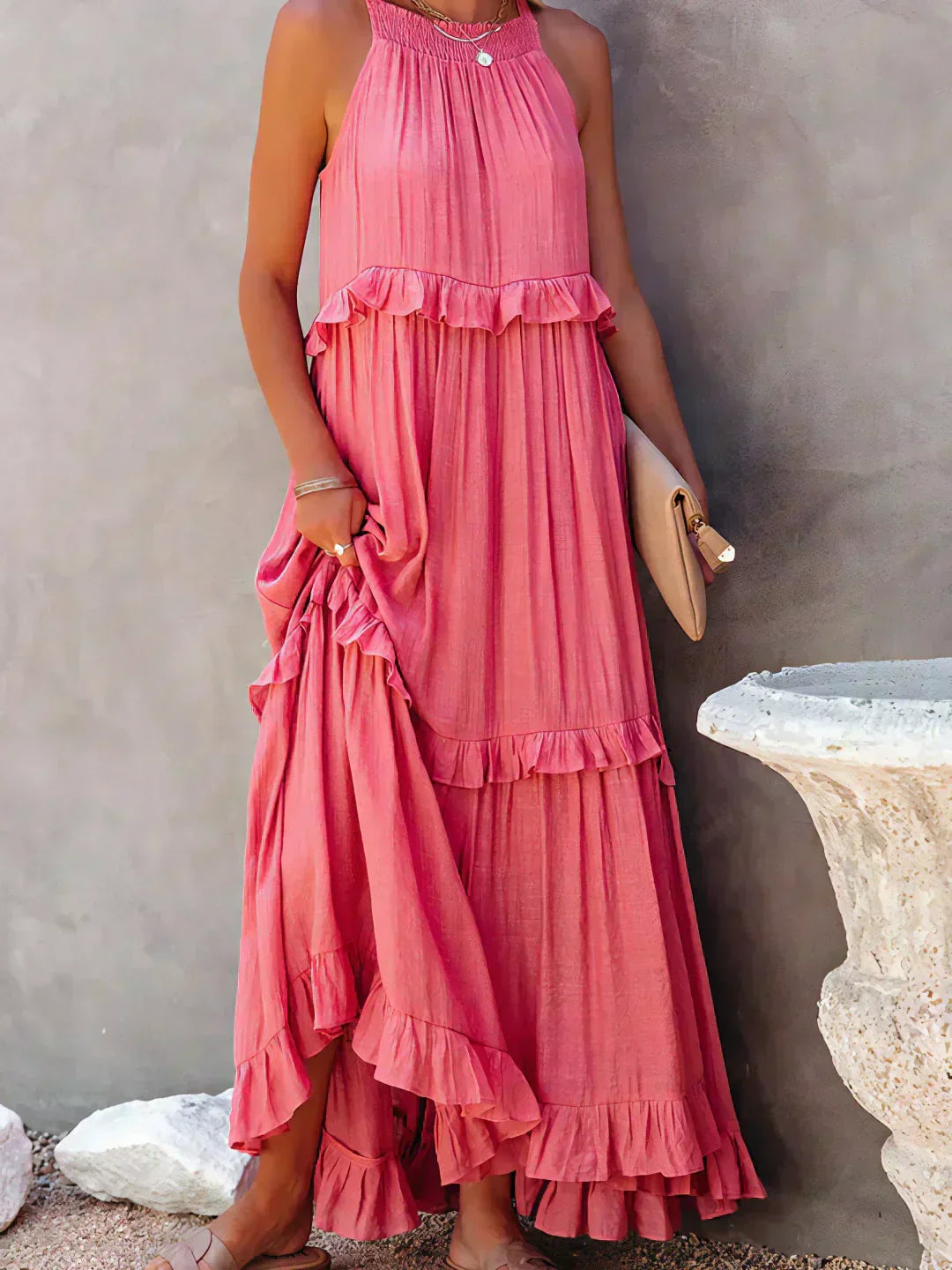 Halterneck Fitted Maxi Dress with Ruffle Details