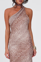 Leopard-Print Fitted Asymmetric Maxi Dress with a Halter Neck