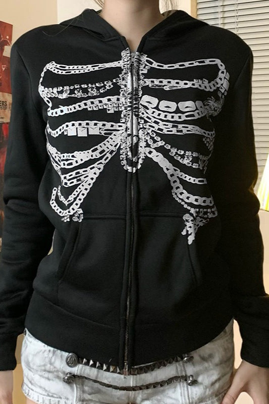 Skeleton-Print Zip-Detail Streetwear Hoodie