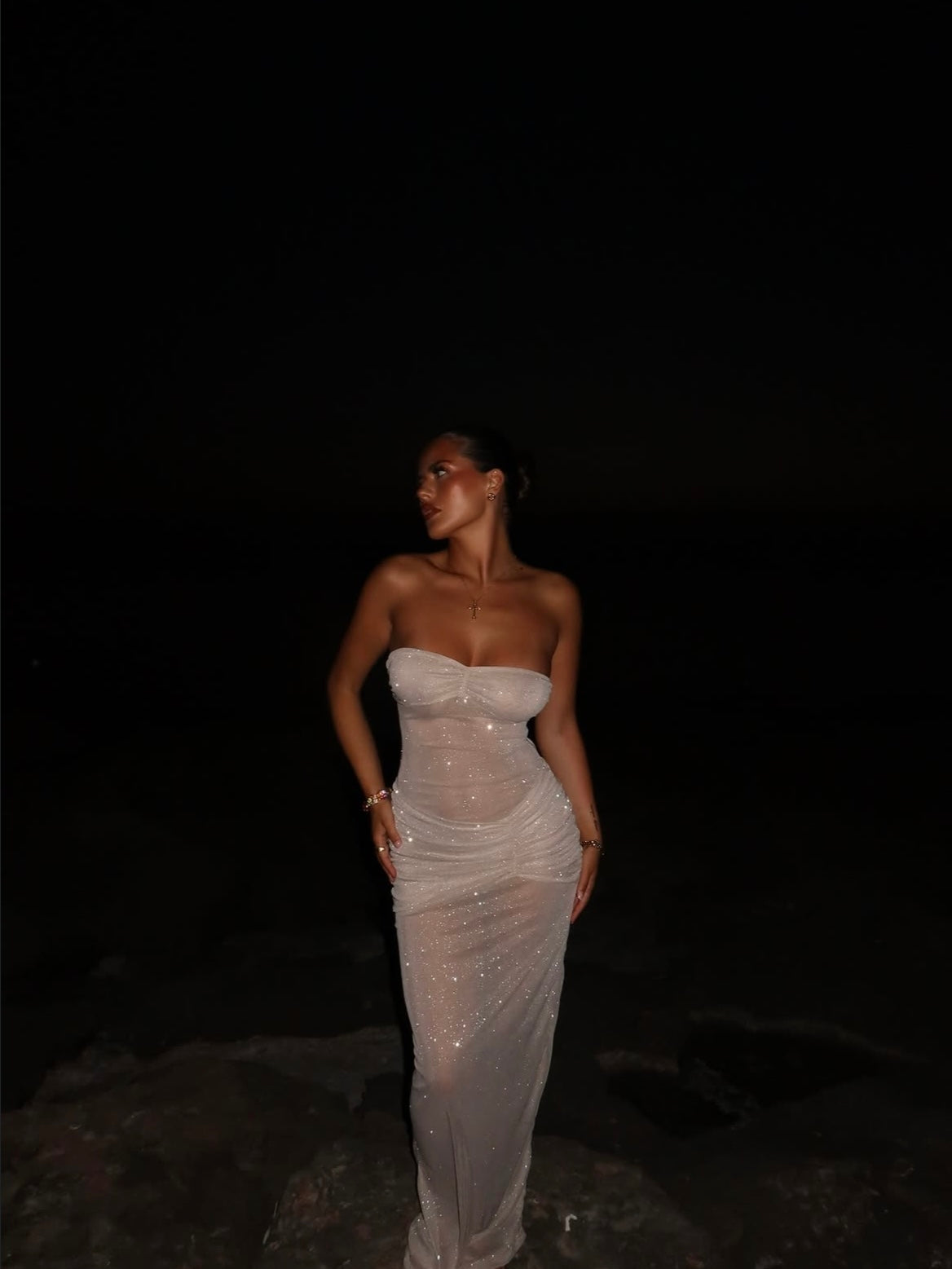 White Strapless Sheer Glitter Dress