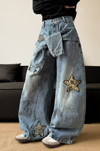 Leopard-Print Wide-Leg Relaxed-Fit Jeans with Panel Details