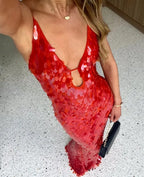 Plunging-V Mermaid Maxi Dress with Sequin Detail