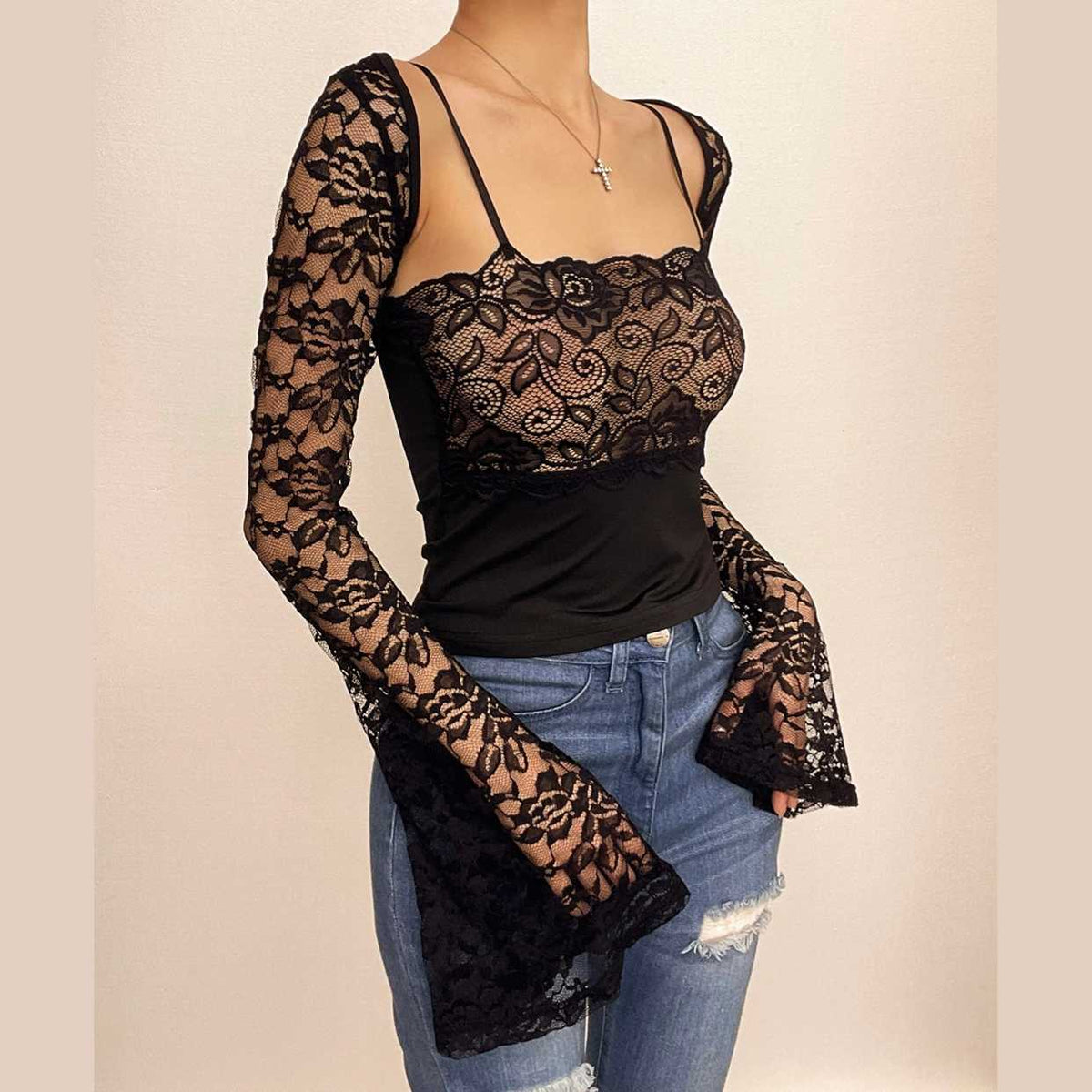 Square-Neck Lace Strappy Two-Piece Set