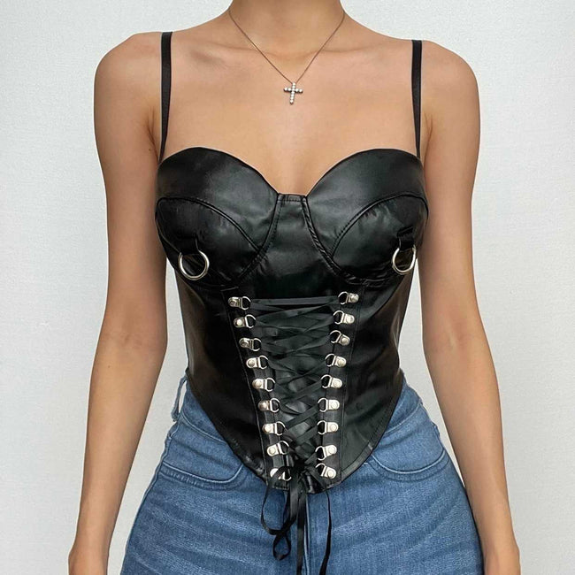 Sweetheart-Neck Faux-Leather Strappy Cami Top with a Front Zip Main image