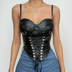 Sweetheart-Neck Faux-Leather Strappy Cami Top with a Front Zip