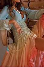 Ombré Long-Sleeve Dress with a V-Neck