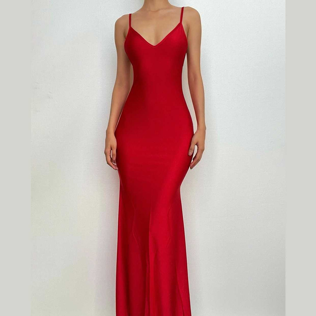 V-Neck Strappy Open-Back Maxi Dress with Ruched Details