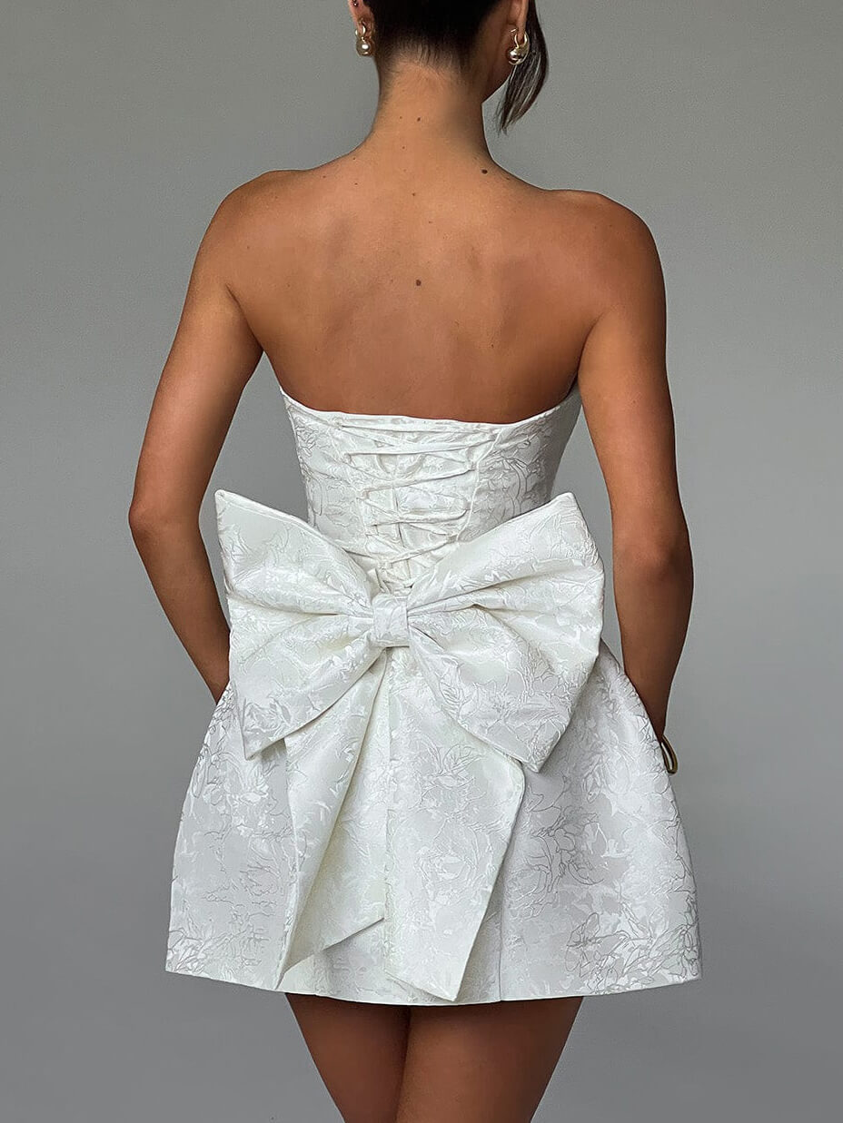 Jacquard Strapless Bow-Detail Mini Dress