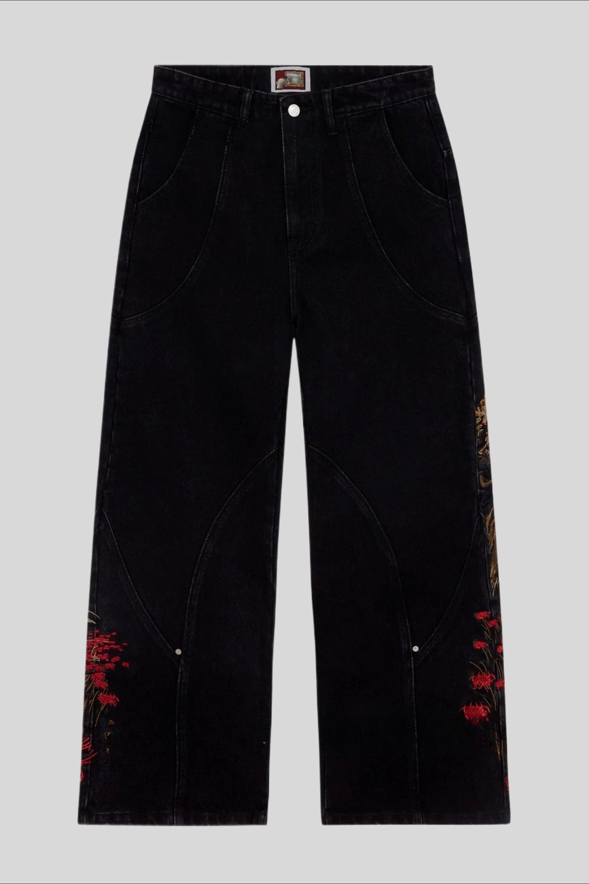 Wide-Leg Jeans with Mount Fuji Embroidery