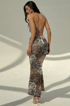 Snake-Print Sheer Maxi Dress with Cutout Details