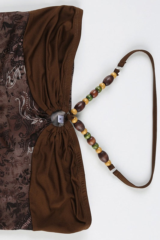 Printed Asymmetric Retro Top with a Halter Neck