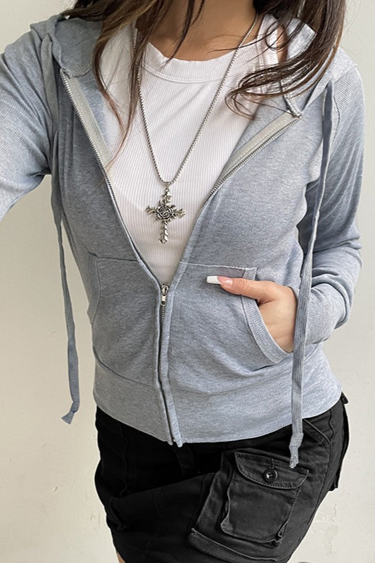 Gray Cropped Hooded Hoodie with a Front Zip