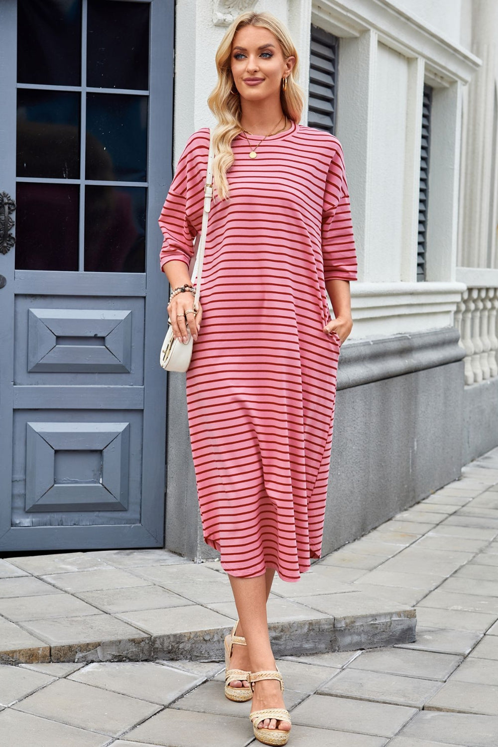Striped Contrast-Detail Midi Dress with Pockets