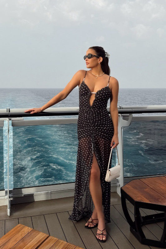 Polka-Dot Lace Strappy Maxi Dress with Ruched Details
