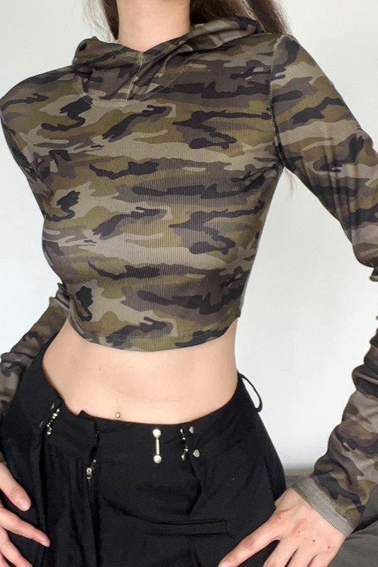 Camo-Print Hoodie with an Open Back