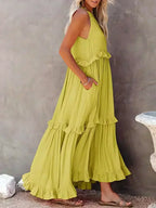 Halterneck Fitted Maxi Dress with Ruffle Details
