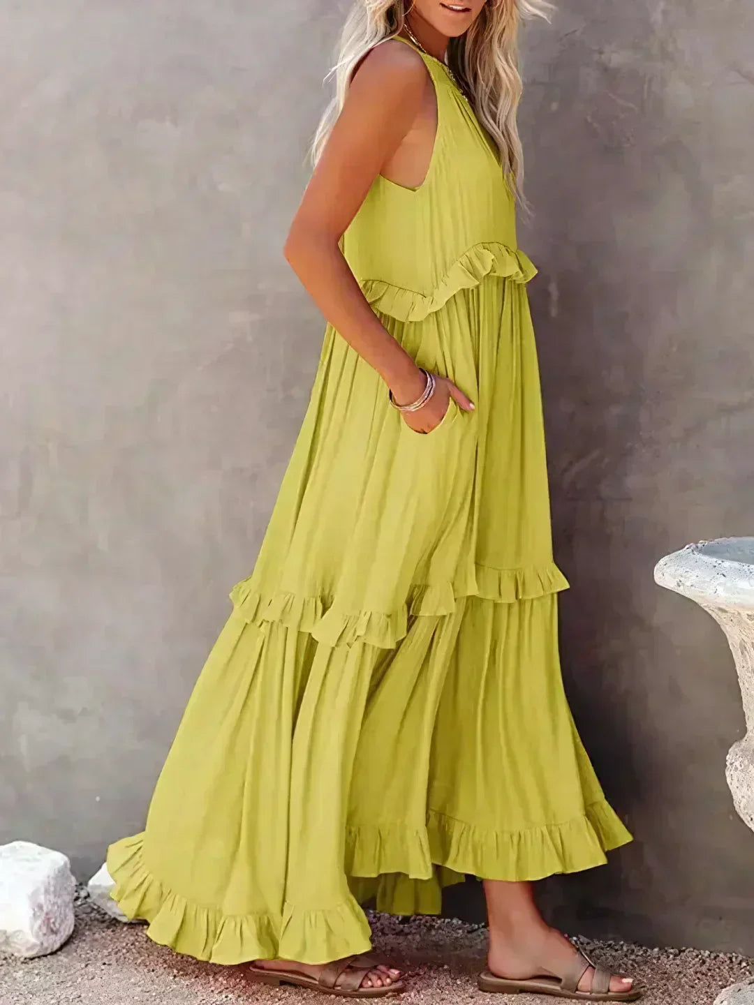 Halterneck Fitted Maxi Dress with Ruffle Details