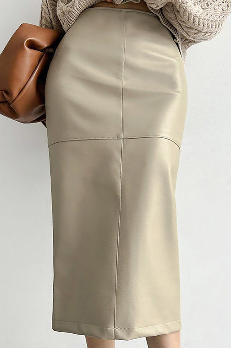 High-Rise Faux-Leather Midi Skirt with a Split Detail