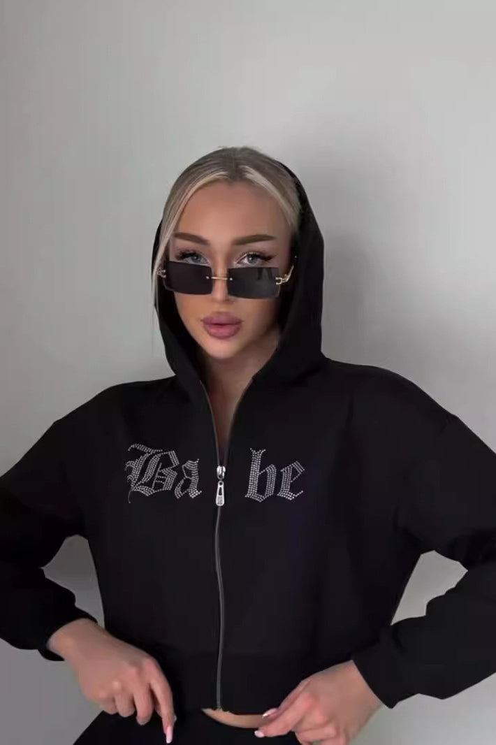 Rhinestone Hoodie with Zip Details