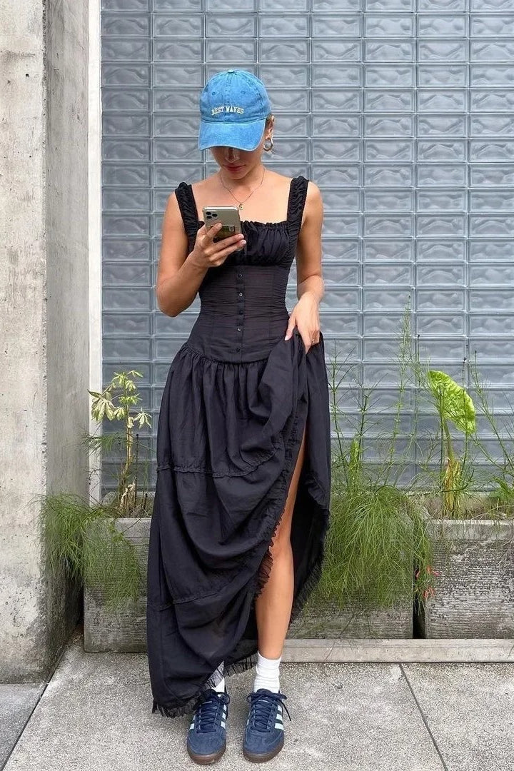 Strapless Cotton Maxi Tank Dress with Zip Details