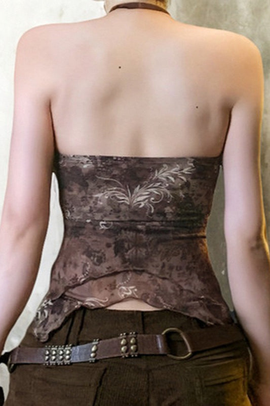 Printed Asymmetric Retro Top with a Halter Neck