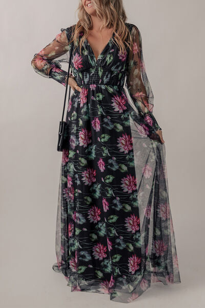 Smocked Floral V-Neck Long Sleeve Maxi Dress