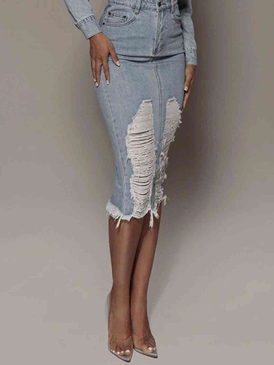 Denim Distressed Skirt with a Split Detail