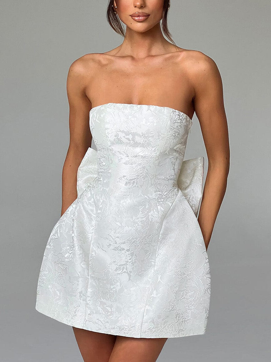 Jacquard Strapless Bow-Detail Mini Dress