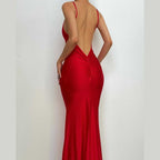 V-Neck Strappy Open-Back Maxi Dress with Ruched Details
