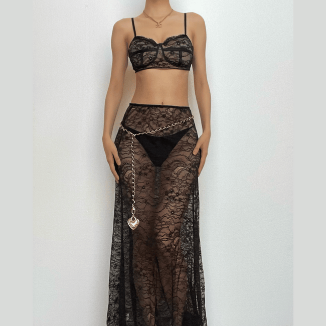 Lace Strappy Sheer Top & Skirt Set with a V-Neck Main image