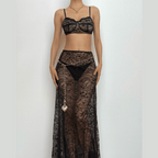 Lace Strappy Sheer Top & Skirt Set with a V-Neck