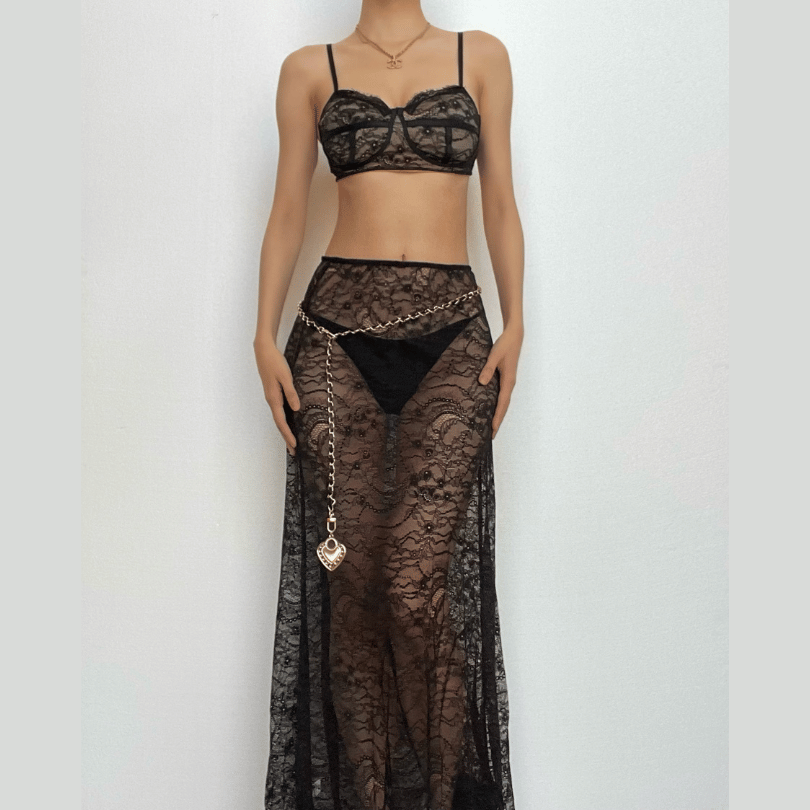 Lace Strappy Sheer Top & Skirt Set with a V-Neck