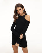 Halterneck Long-Sleeve Mini Dress with Cutout Details