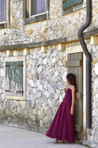 Corset-Style Pleated Midi Dress with an Off-Shoulder Neck